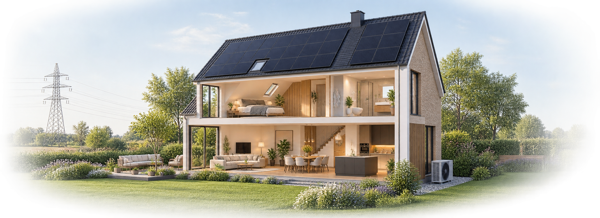 Doorsnede van een woning met zonnepanelen en warmtepomp